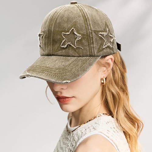 Retro Washed Distressed Baseball Cap with Five Pointed Stars for Women Men - color: Khaki