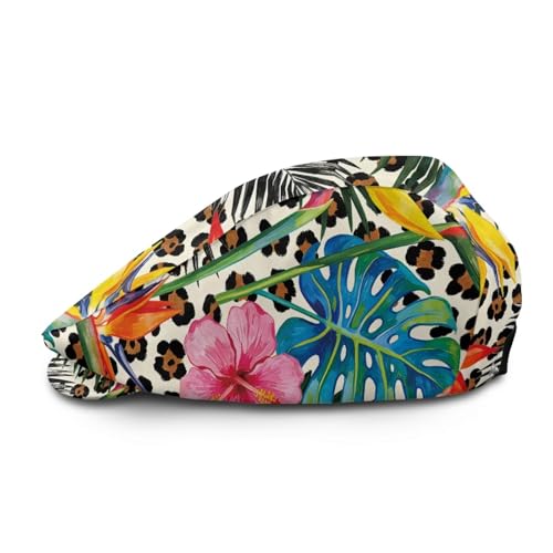 Newsboy Cap for Men Women Adjustable Flat Cap Gatsby Hat Retro Eight Panel Baker Boy Hat Lightweight Casual Cap - color: Leopard Print Tropical Floral