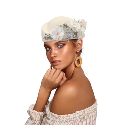 Beret Hats for Women British Felt hat Women's Church Derby Headdress Women's Floral hat Suitable for Wedding Parties Events - color: White