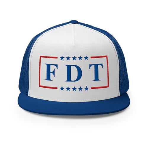 NX FDT Embroidered Flat Bill Trucker Hat High Crown Adjustable FDT Hat - color: Royal/ White/ Royal