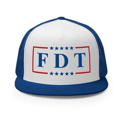 NX FDT Embroidered Flat Bill Trucker Hat High Crown Adjustable FDT Hat - color: Royal/ White/ Royal