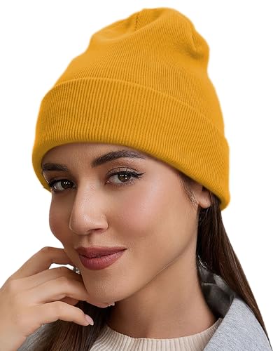 vidsel 100% Cotton Beanie Hat-Unisex Winter Knit Cuffed Beanies Skull Cap - color: 1-yellow
