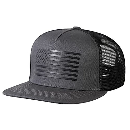 UALON Baseball Cap, Snapback Trucker Hat for Men & Women with American Flag and Adjustable, Breathable Mesh, Flat Bill Hats - color: Dark Gray/Black