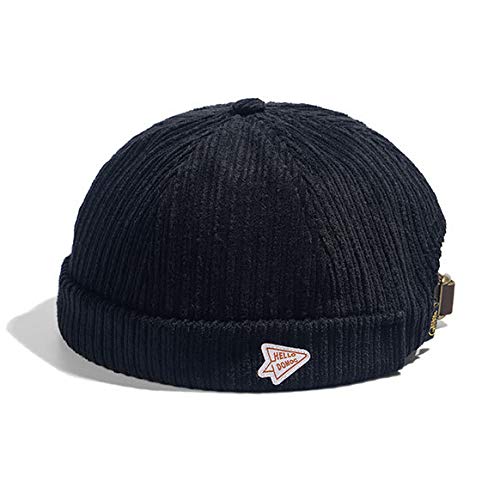 Men Hats Docker Cap Hats Beanie Sailor Cap Worker Hat Rolled Cuff Retro Brimless Hat with Adjustable - color: 0072-black