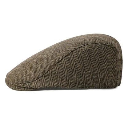 FEINION Men Wool Blend Flat Cap Tweed Newsboy Ivy Hat - color: Herringbone Khaki