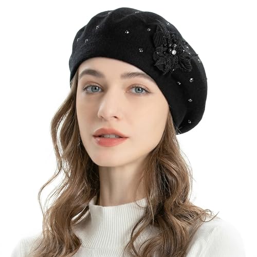 ZLYC Women French Beret Hat Reversible Solid Color Mosaic Warm Artist Cap - color: Bead Flower Black