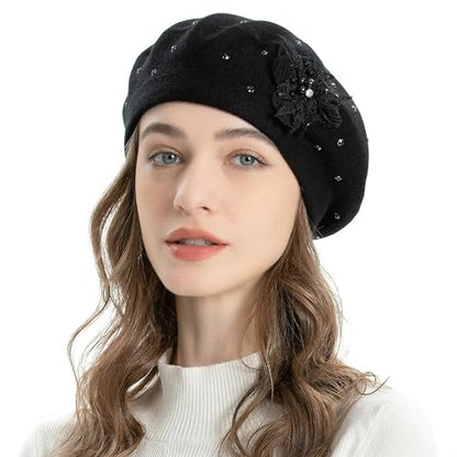 ZLYC Women French Beret Hat Reversible Solid Color Mosaic Warm Artist Cap - color: Bead Flower Black