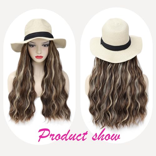 Hat Wig Panama Hat with Mix Brown Blonde Long Wave Hair Attached for Women Beige Color Wide Brim Straw Beach Sun Hat Wig - color: M-Mbrown blonde