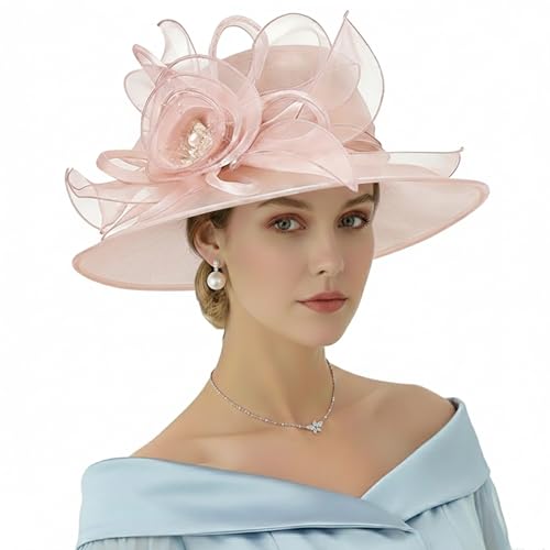 DRESHOW Women Organza Hat Church Cap Hats Clearance Kentucky Derby Cocktail Tea Party Wedding Flower Hat with Wide Brim - color: Flower Hat: Flesh Pink
