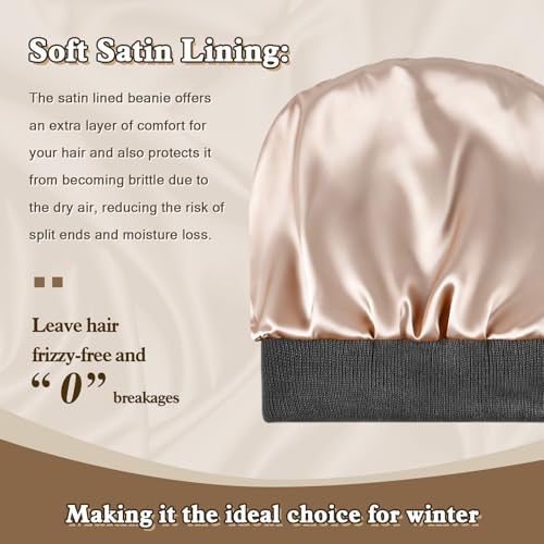 Satin Lined Winter Beanie Hat, Unisex Soft Knit Warm Skull Cap - color: Darkgrey