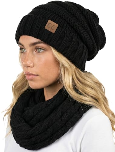 Funky Junque Slouchy Beanie & Infinity Scarf Gift Set – Matching Winter Accessories Sets for Women, Oversized Hat and Scarves - color: Black