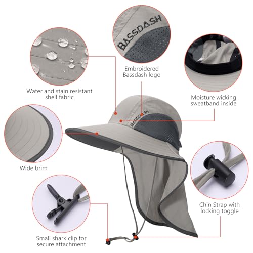BASSDASH UPF 50+ Unisex Water Resistant Wide Brim Sun Hat with Large Neck Flap Ponytail Fishing Hat for Men Women - color: Light Grey/Dark Grey