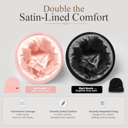 2 Pack Satin Lined Beanies for Men and Women Warm Cuffed Winter Hats - color: Black+pink