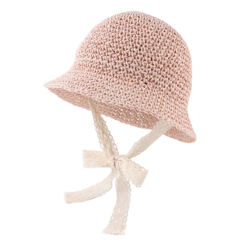 JANGANNSA Baby Girl Straw Hat Outdoor Baby Sun Protection Hats Summer Bowknot Beach Cap for Infant Toddler Girls - color: Lace Tie-pink, size: 6-24 Months