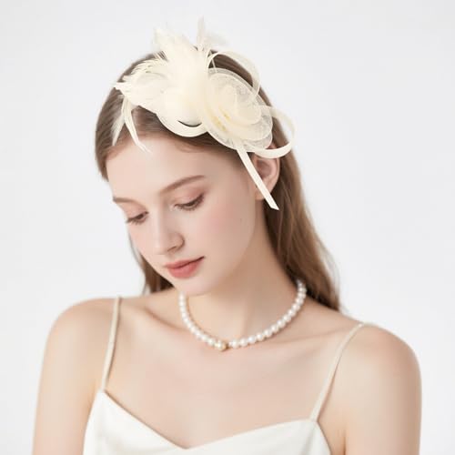 AMCAMI Fascinators Hats with Feather for Women 2026 Derby Hats Small Tea Party Hat with Headband - color: Beige