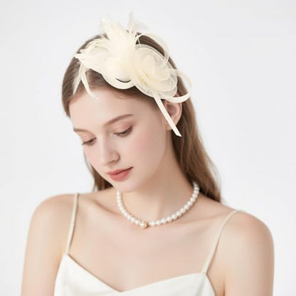 AMCAMI Fascinators Hats with Feather for Women 2026 Derby Hats Small Tea Party Hat with Headband - color: Beige
