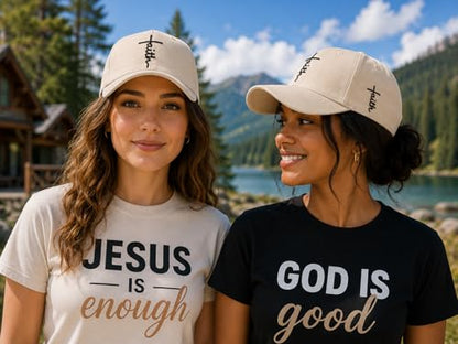 Christian Faith Cross Hats, Embroidered Baseball Caps for Men & Women - color: Tan Black