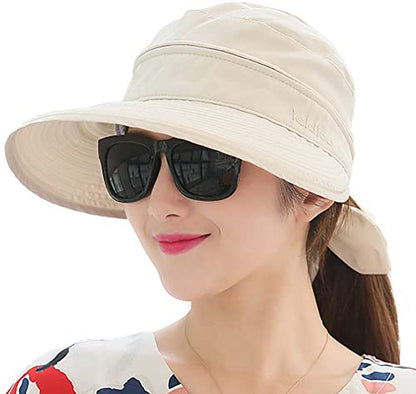 Womens Large Brim Sun Hat Uv Protection 2 in 1 Zip-Off Sun Protection Visor Beach Hat Packbale Foldable - color: Beige