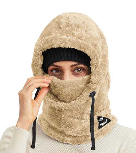 Ski Mask Balaclava Wind-Resistant Winter Face Mask for Women/Men Adjustable Warm Hood Cover Hat Cap Scarf - color: Beige