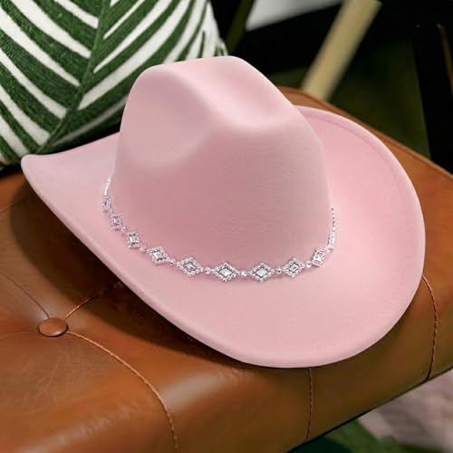 DRESHOW Women's Western Cowboy Hat Rhinestone Cowboy Cowgirl Hat Glitter Wide Brim Felt Fedora Hats Unisex Rolled up Caps - color: 1 Pack Style 11: Light Pink