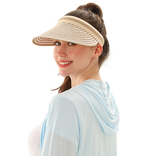 Women Summer Sun Hat Lady's Portable Beach Visor Bowknot Straw Hat - color: Khaki Stripe