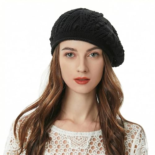 ZLYC Women Cotton Slouchy Crochet Beret Handmade Cutout Floral Beanie Hat - color: Knit Black