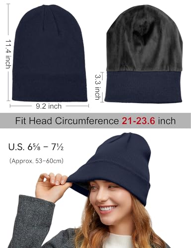 Fleece Lined Wool Beanie Hat Men Women, Warm Cuffed Winter Cap - color: Navy Blue