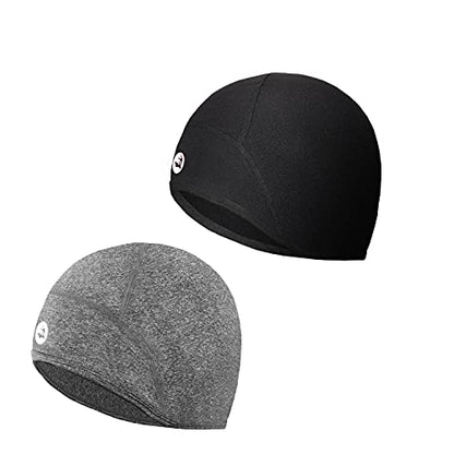 EMPIRELION Lightweight Thermal Skull Cap Ears Warm Cycling Helmet Liner Winter Running Beanie Hats Sweat Wicking - color: Black + Grey Melange 2pack