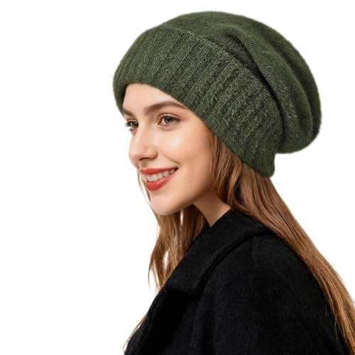 Satin Lined Slouchy Beanie Women-Winter Hats for Women Silk Lined Beanie for Winter Warm Cute Knit Hat - color: Olive Green