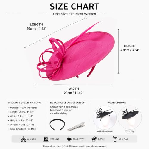 Women's Fascinators Feather Polyester Kentucky Derby Saucer Hats with Headband - color: Rose