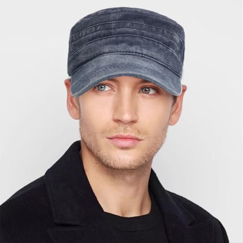 Cadet Army Cap Washed Military Army Hat Vintage Flat Top Hat for Women Men - color: Navy