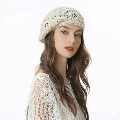 ZLYC Women Cotton Slouchy Crochet Beret Handmade Cutout Floral Beanie Hat - color: Crocheted White