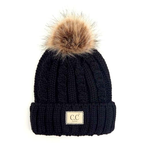 C.C Kids' Suede Patch Snuggly Soft Warm Knit Pom Cuff Beanie - color: Cable Knit Faux Fur, Black