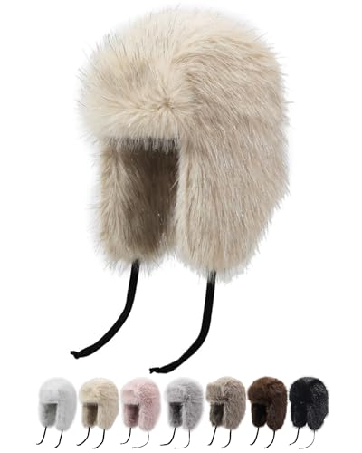 Peicees Winter Fur Hat for Women, Ladies Russian Ushanka Furry Trapper Hat with Warmer Ear Flaps and Glitter Silver Design - color: Beige
