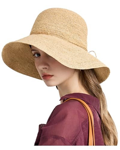 Women's Raffia Straw Bucket Hat Foldable Summer Sun Hat Handmade Woven Beach Hat Portable Travel Natural Straw Cap - color: Brim 3.9"