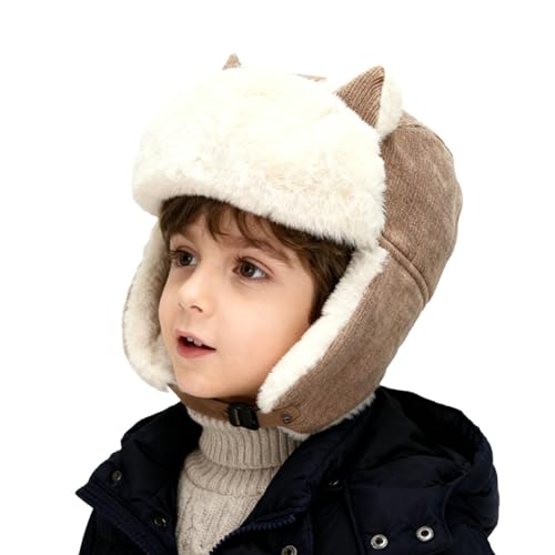 PURFUN Kids Fuzzy Faux Fur Trapper Hats with Cat Ear, Girls Boys Windproof Cozy Earflap Hats Ushanka Ski Caps for 3-8 Yrs - color: Brown