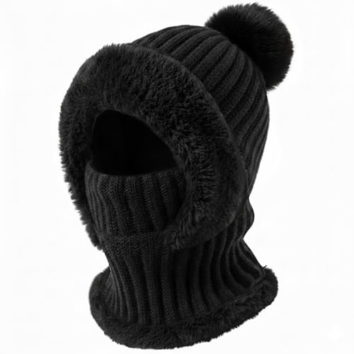 AQOKKA 3 in 1 Knit Fleece Lined Beanie Hat with Scarf and Mask Warm - color: Black