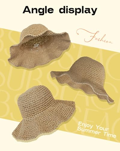Bsubseach Womens Foldable Beach Hat Packable Straw Sun Hat Wide Brim Floppy Hat for Outdoor Travel - color: Khaki