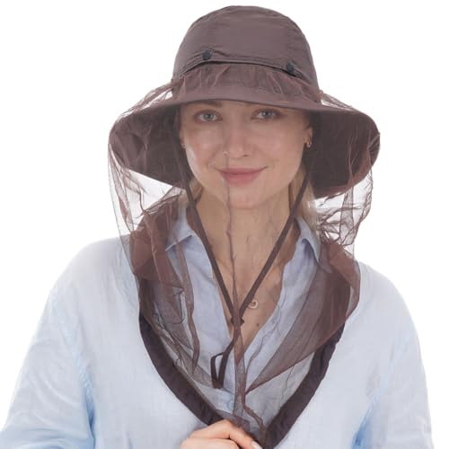 USHAKE Head Net Hat, Safari Hat Sun Hat Bucket Hat with Hidden Net Mesh - color: Dark Brown