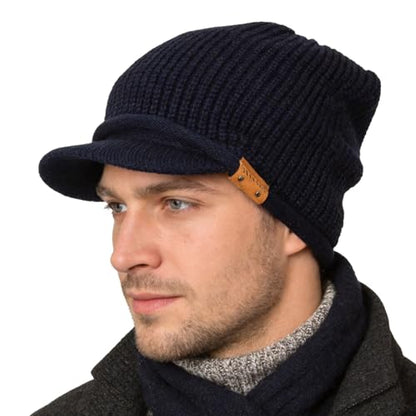 Winter Beanie with Visor - Stylish Knit Hat with Bill - Thick Brimmed Beanies with Fleece Lining Men and Women - color: B326-blue