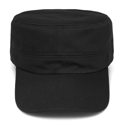 Washed Cotton Flat Top Military Cap for Unisex - color: Black