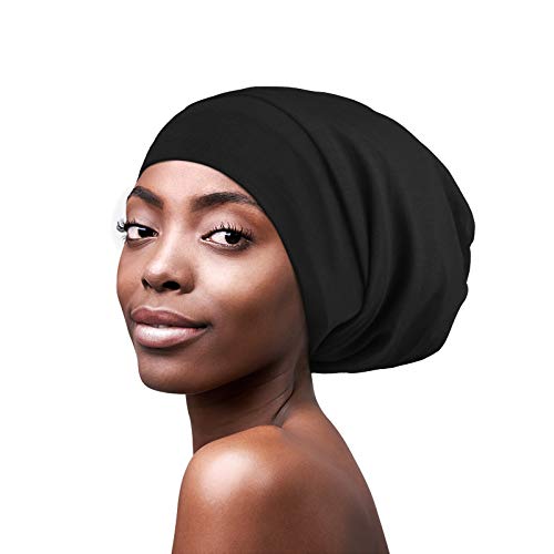 FocusCare Satin Lined Sleep Slouchy Cap Curly Girl Slap Headwear Gifts for Frizzy Hair Women - color: Dark Black