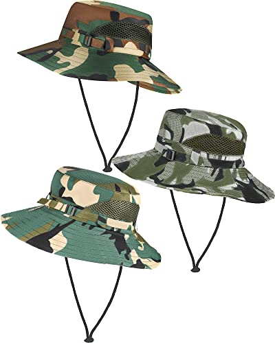 Neer 3 Pcs Sun Hat for Kids Safari Fishing Hats Camo Bucket Cap Camo Boonie Cap UV Sun Protection for Camping Summer Outdoor - color: Army Green, style: Classic