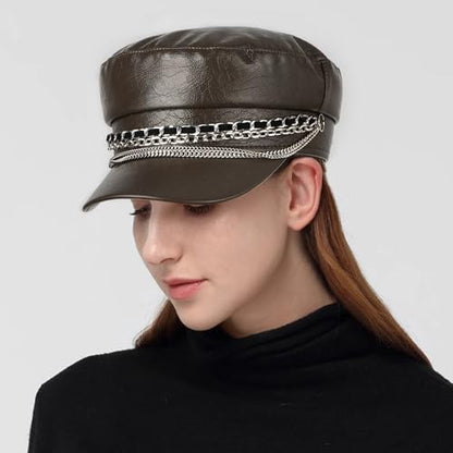 Women Metal Chain Flat Top PU Leather Newsboy Paperboy Hat Painter Cap - color: Chains Brown Coffee