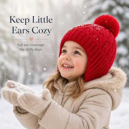 Toddler Baby Winter Hat with Earflap Kids Warm Twisted Knit Hat Infant Pom Pom Beanie Ski Cap for Baby Girls Boys - color: Red, size: 2-6 Years