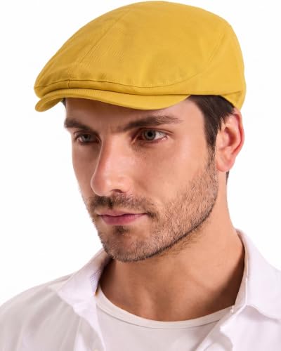 ZLYC Men Summer Flat Cap Scally Ivy Gatsby Newsboy Beret Driver Hat - color: Solid Yellow