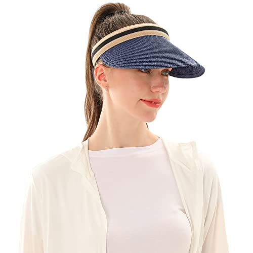 Women Summer Sun Hat Lady's Portable Beach Visor Bowknot Straw Hat - color: Navy