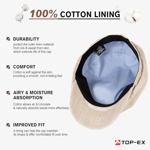 XL XXL Oversized 8 Panel Natural Linen Flat Cap Newsboy Hat Lightweight Summer Cooling Golf Outdoor Eco-Friendly - color: Beige Herringbone(elastic), size: Large-X-Large