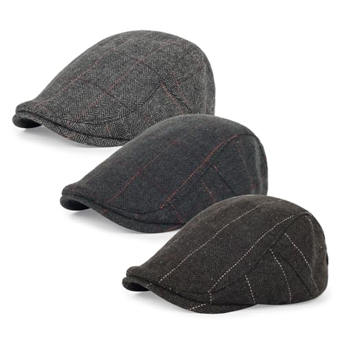 3Pcs Cotton Newsboy Hat for Men Cool Adjustable Flat Cap - color: Plaid-grey+darkgrey+brown