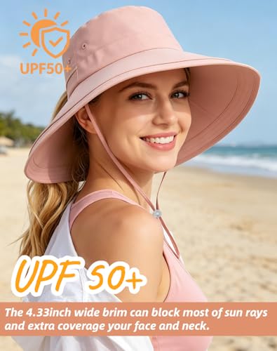 Rosoz Women Sun Hat with Ponytail Hole Wide Brim Bucket Hats UPF 50+ Beach Hiking Gardening Hat Water-Resistant Outdoot Hat - color: Pink